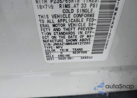 2010 Nissan Murano Sl z USA, uszkodzony, nr VIN JN8AZ1MW5AW137260